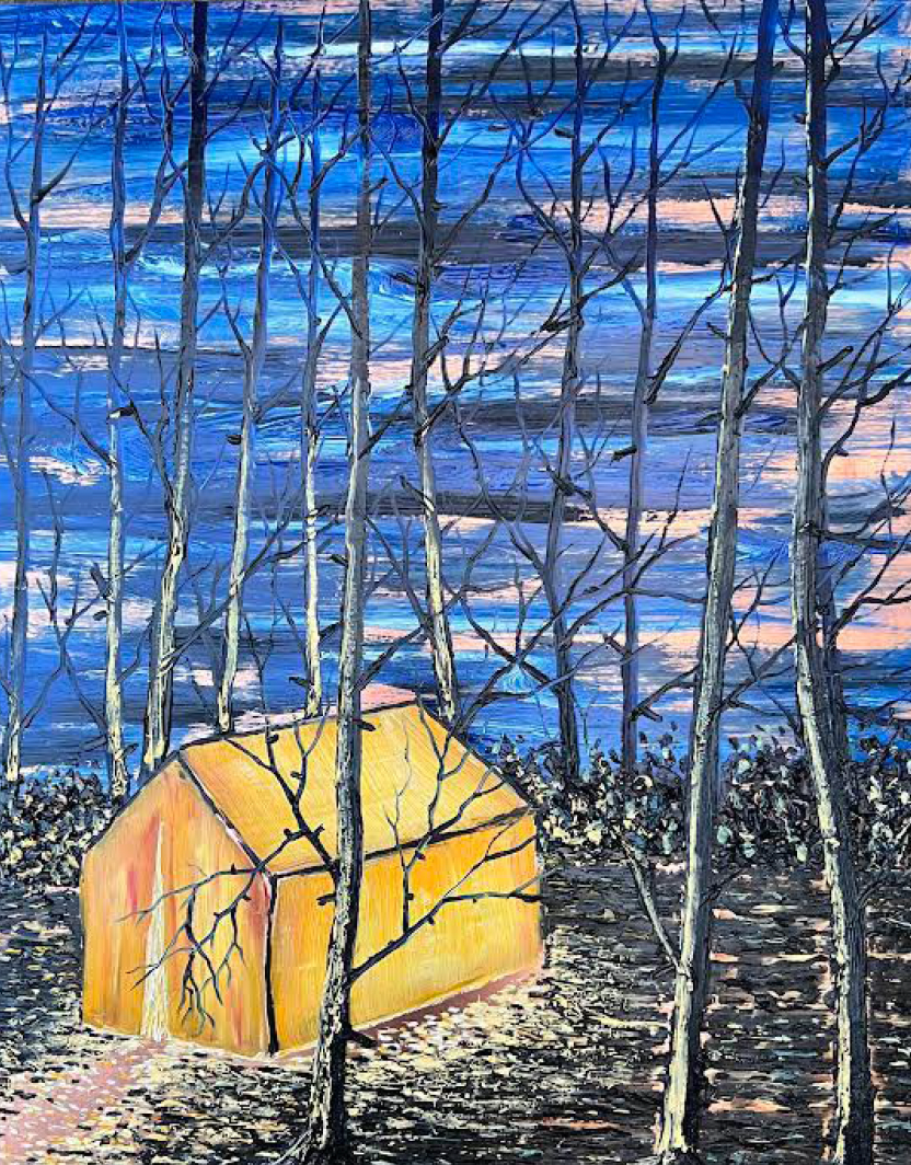 Golden tent in dark forest under blue sky, René Holm, 2025