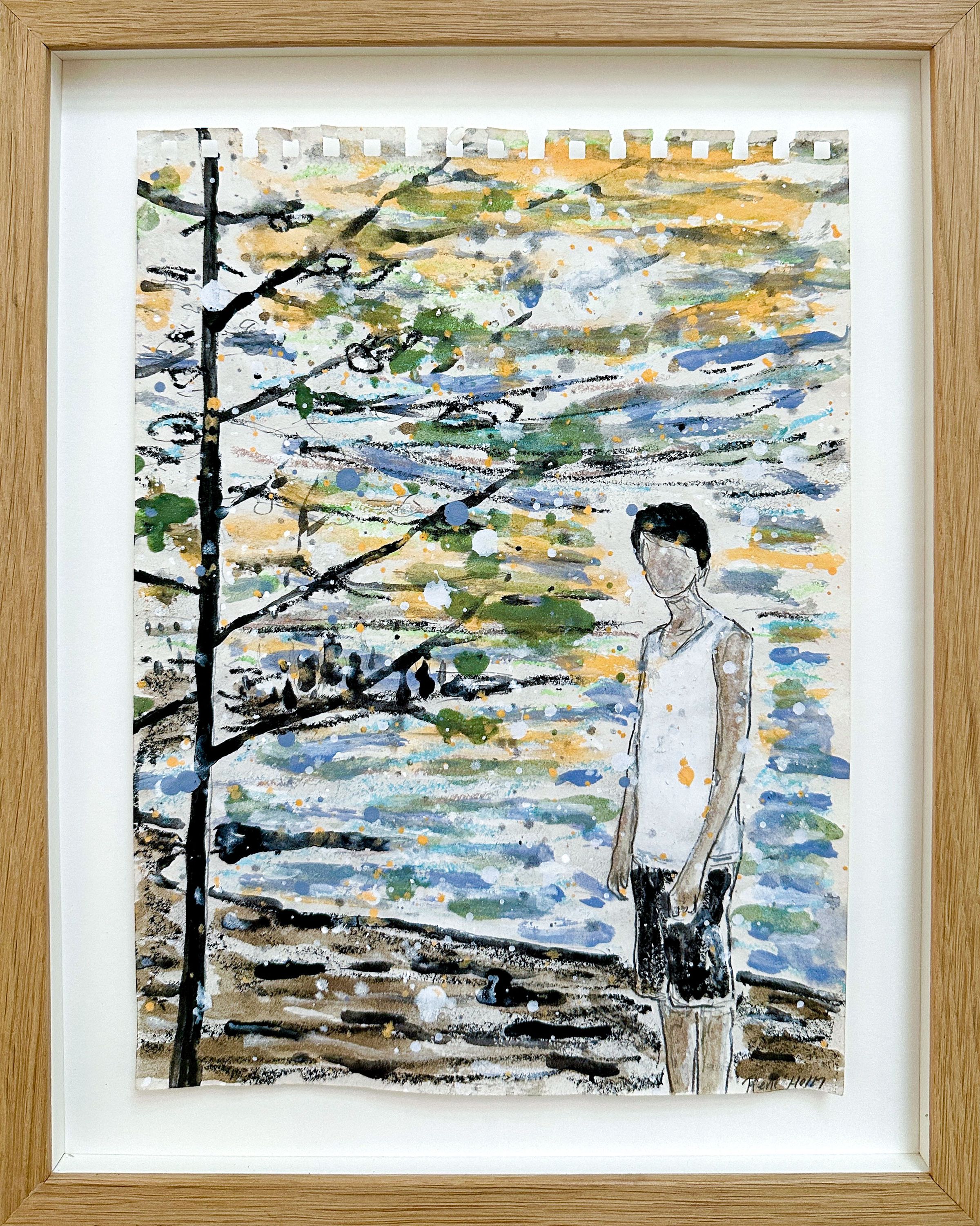 Ung person står ved søbred med træ i forgrunden, malet i akvarel.