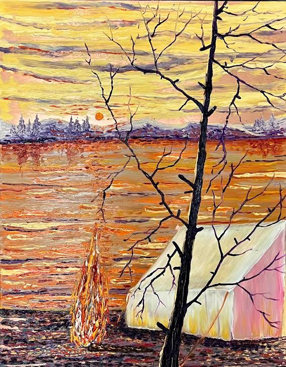 Painting by René Holm from 2025 – tent at sunset with campfire and winter trees – oil on copper plate mounted on wood