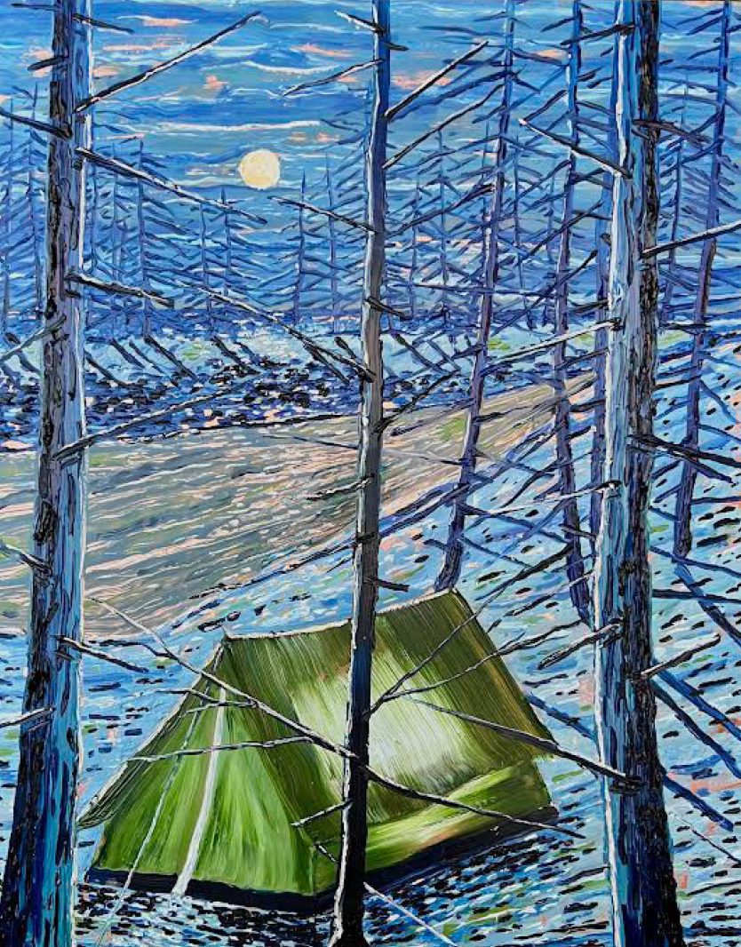 Grønt telt i måneoplyst skovlandskab med blå nuancer, René Holm, 2025