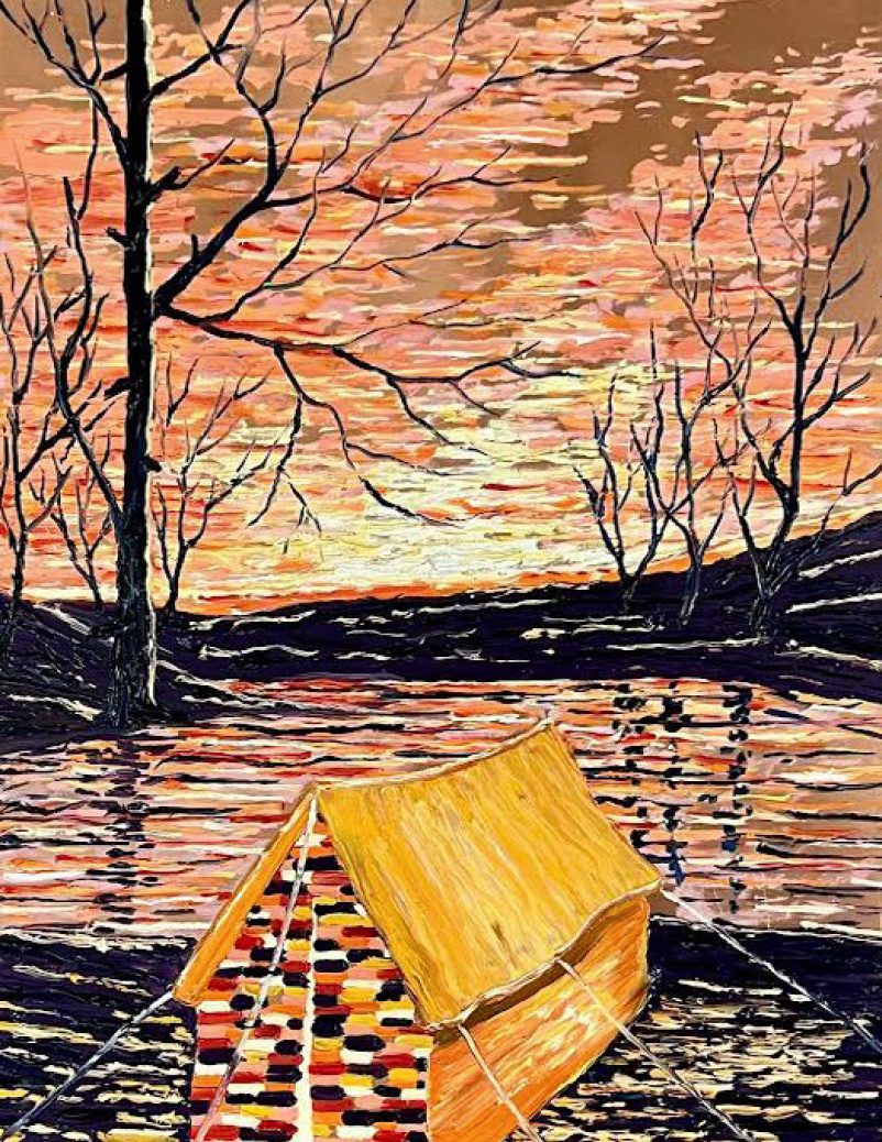 Gult telt i øde landskab ved vand i solnedgang, René Holm, 2025