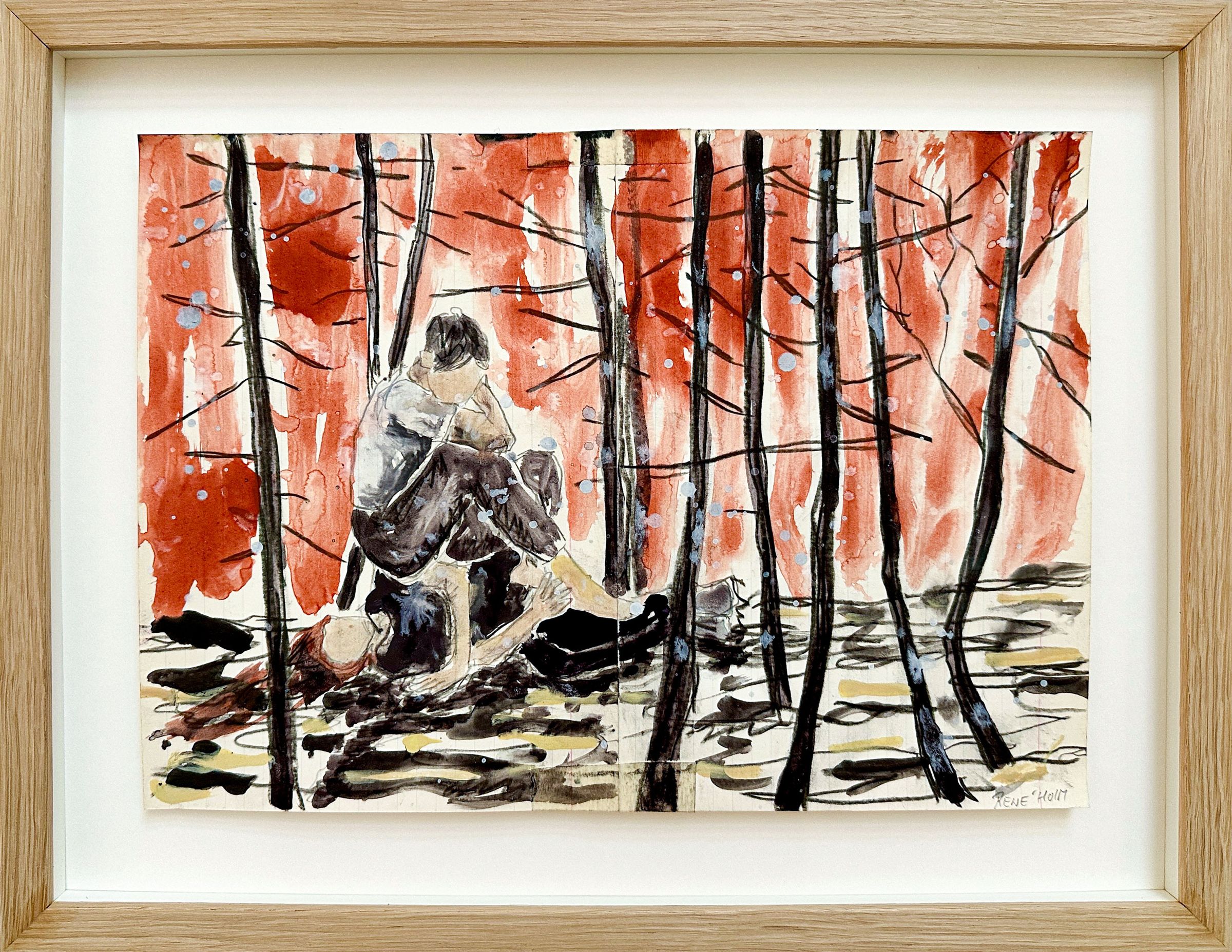 To personer ligger og sidder tæt sammen i rødtonet skov, malet i akvarel.