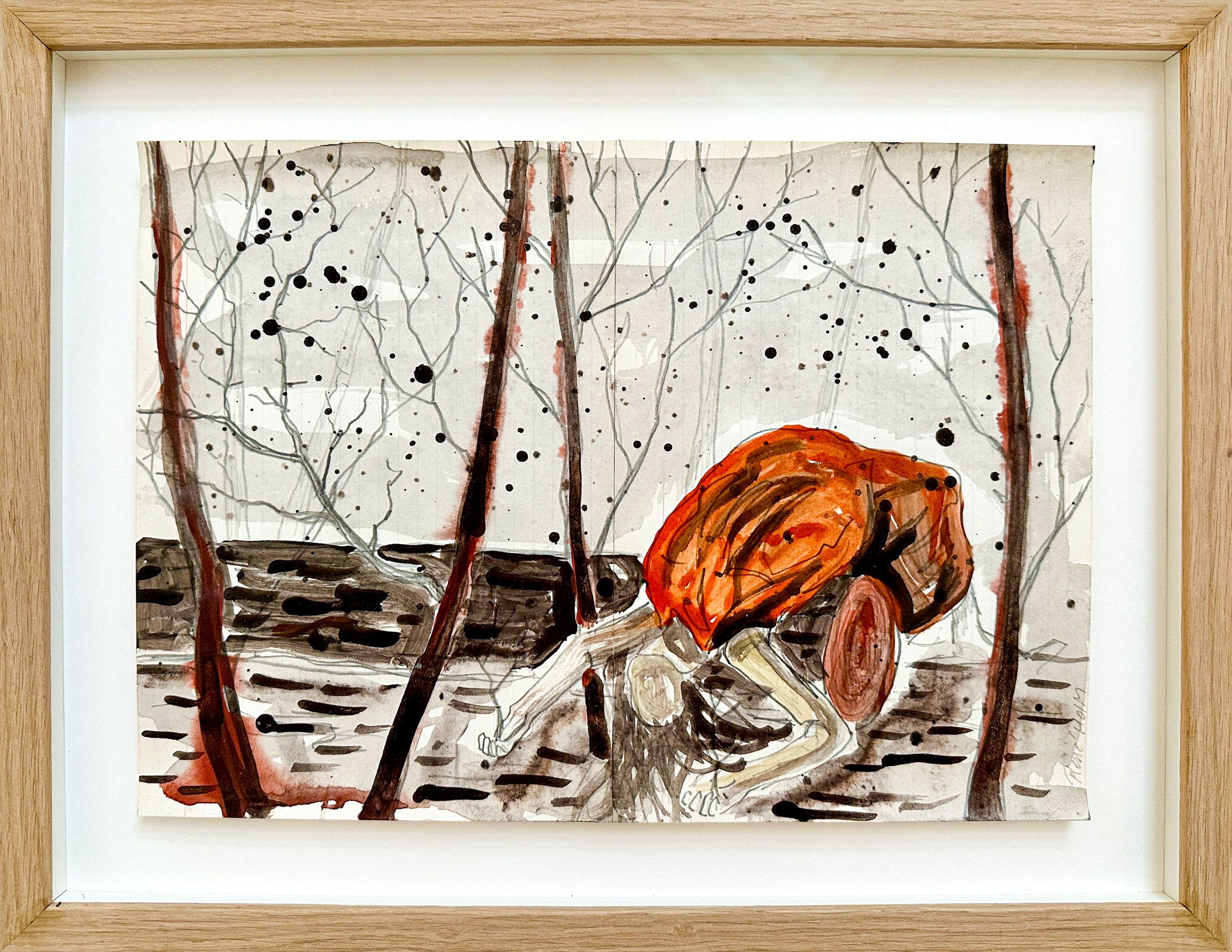 Bøjet figur i skov bærer stor orange form på ryggen, akvarel.