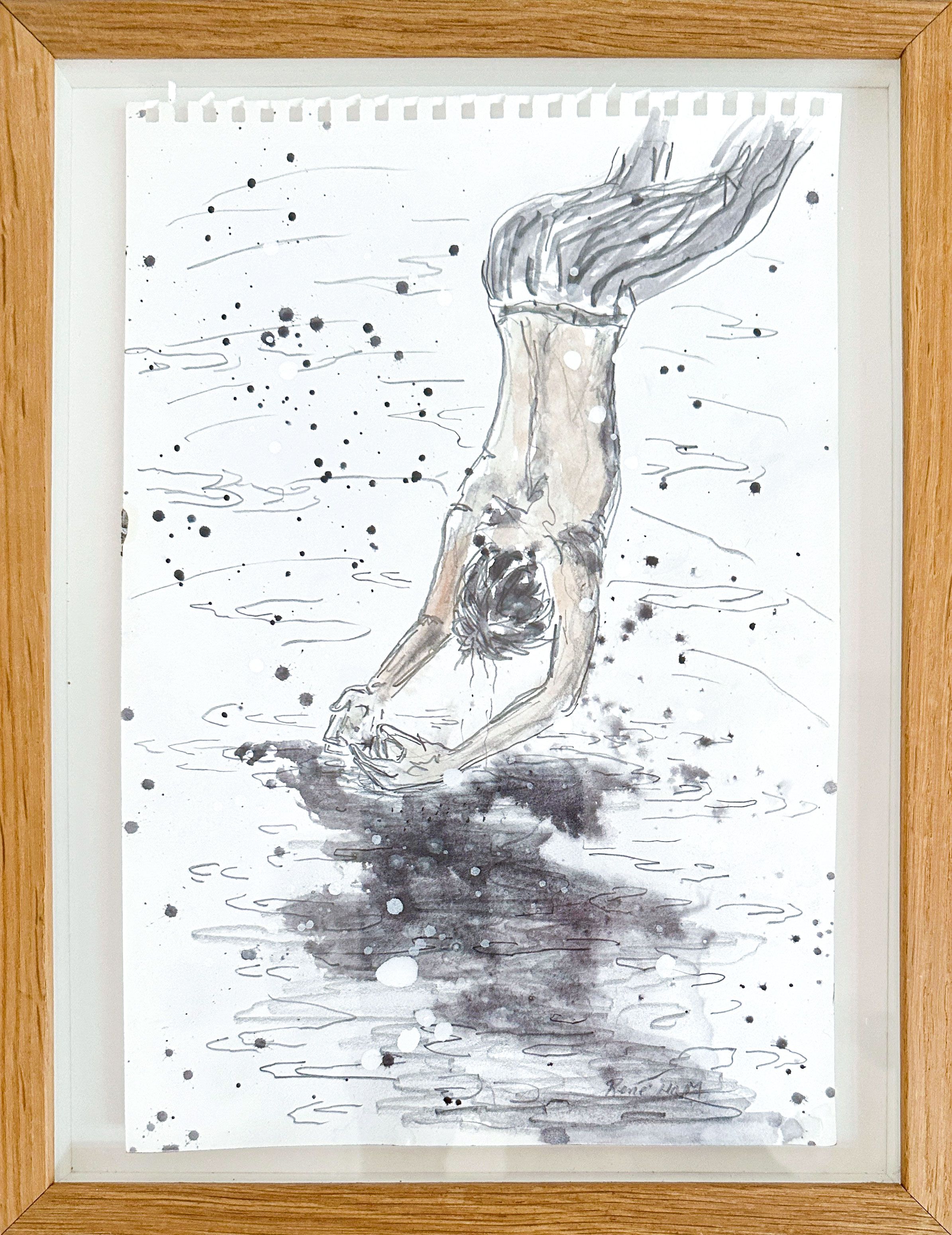 Person bøjer sig ned mod vand og spejling, malet i sortgrå akvarel.