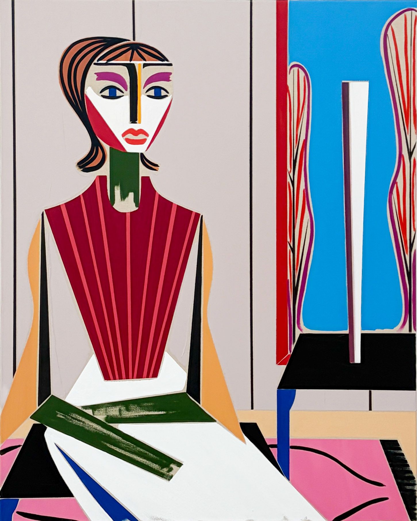 Stylized painting of a seated figure in a colorful, geometric interior with furniture.
