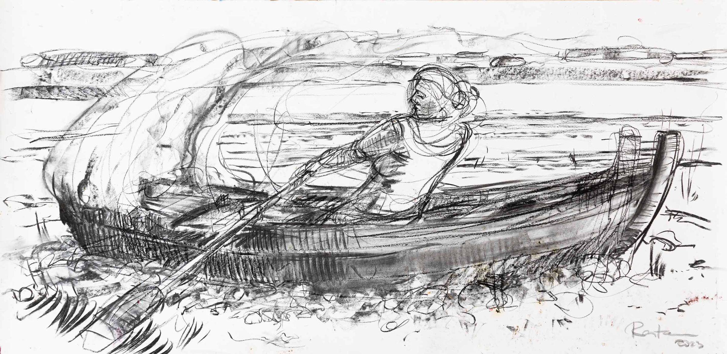 Kulskitse af kvinde i robåd ved kysten af Jacob Rantzau, 2023.